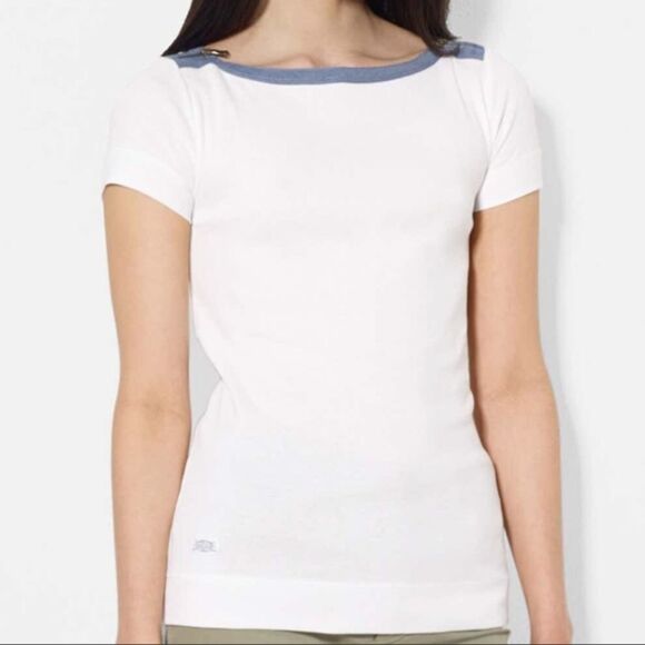 Lauren Ralph Lauren Zip Shoulder Chambray Trim top - Picture 1 of 8